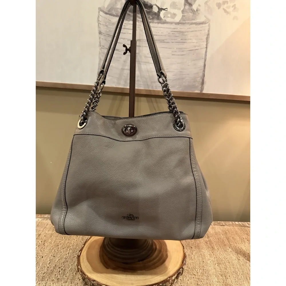 COACH Edie Grey Pebbled Leather Turnlock Shoulder Hand Bag Purse 3‎ Compartment - Picture 3 of 14